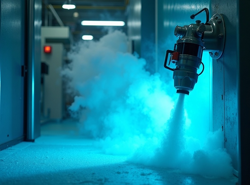 Industrial disinfection fogging machine releasing sanitizing mist inside a commercial facility for professional pest control and sterilization services.