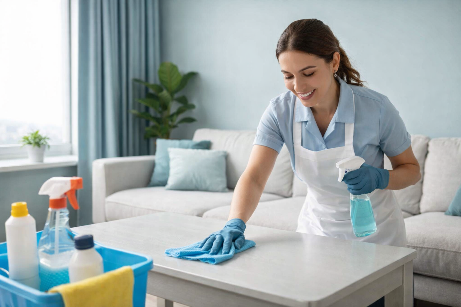 Professional cleaner wiping a coffee table in a bright living room.
