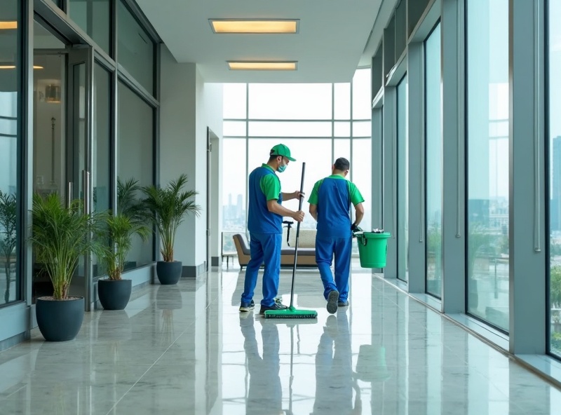 Professional cleaning staff mopping a modern office corridor, providing commercial janitorial and facility cleaning services.
