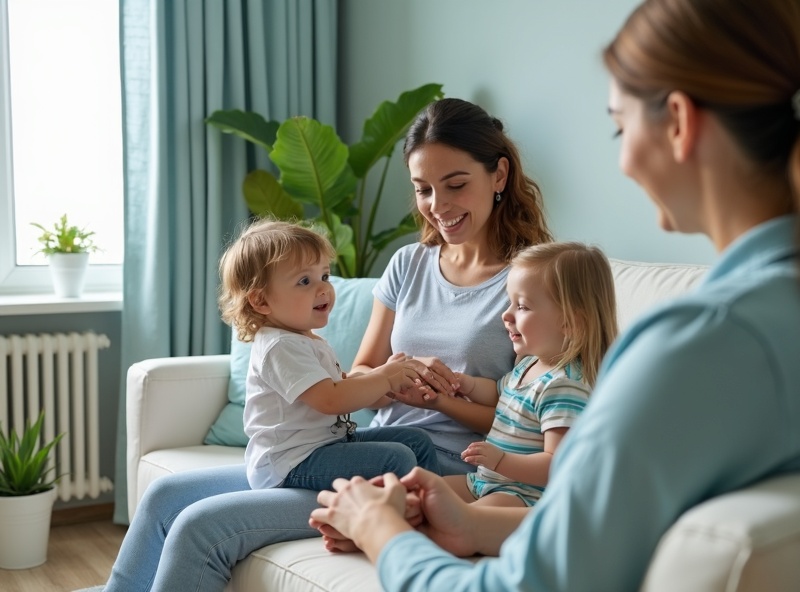 A smiling nanny playing with two toddlers on a white sofa in a bright living room.